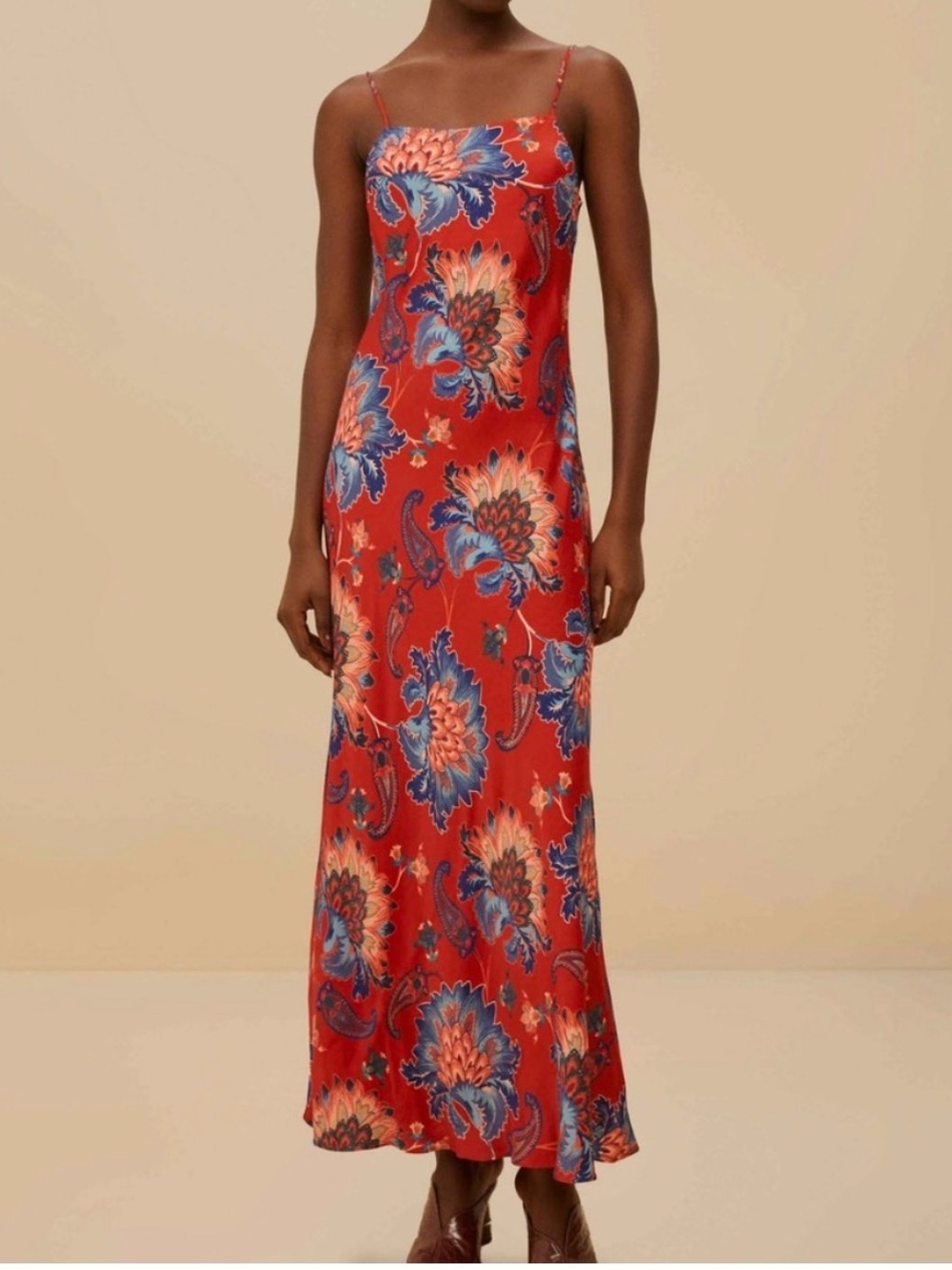 NWT FARM Rio Luang Red Maxi Floral Slip Dress with Blue Accents